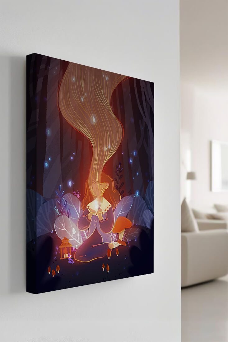 Magical forest scene with lantern and glowing hair