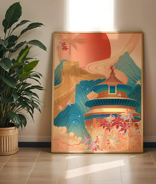 Illustration of Chinese architecture with the Great Wall and nature elements