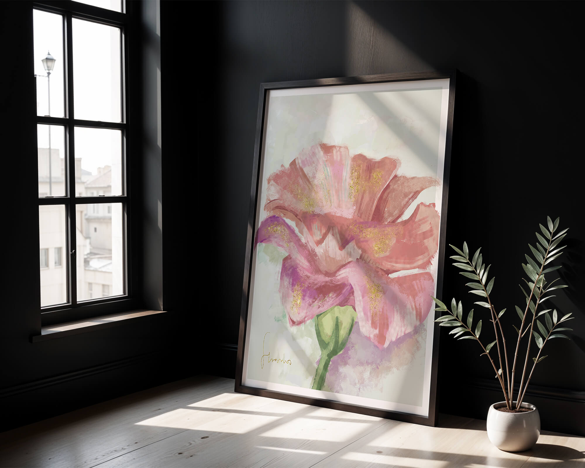 Vibrant pink flower with golden accents in abstract style