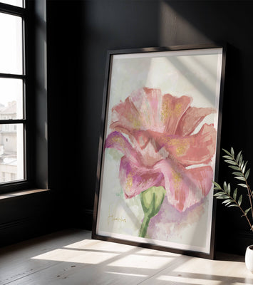 Vibrant pink flower with golden accents in abstract style
