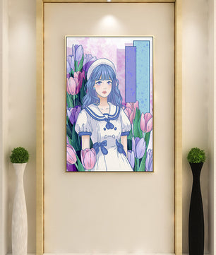 Illustration d'une fille en robe de marin parmi des tulipes avec une palette de couleurs pastel