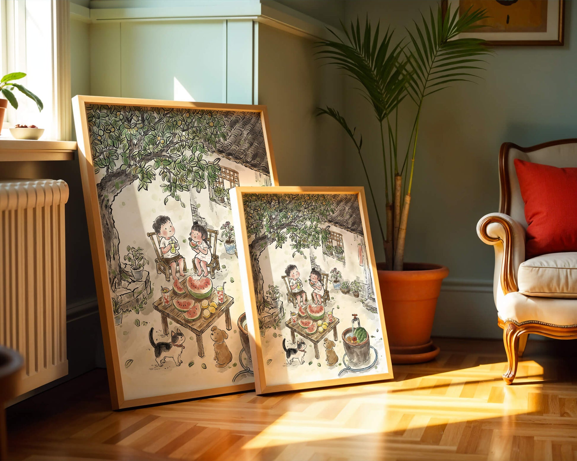 Encuentro acogedor en el patio trasero de verano con sandía y mascotas