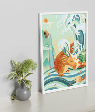 Dragon mythique au milieu de vagues stylisées et de montagnes aux couleurs vives