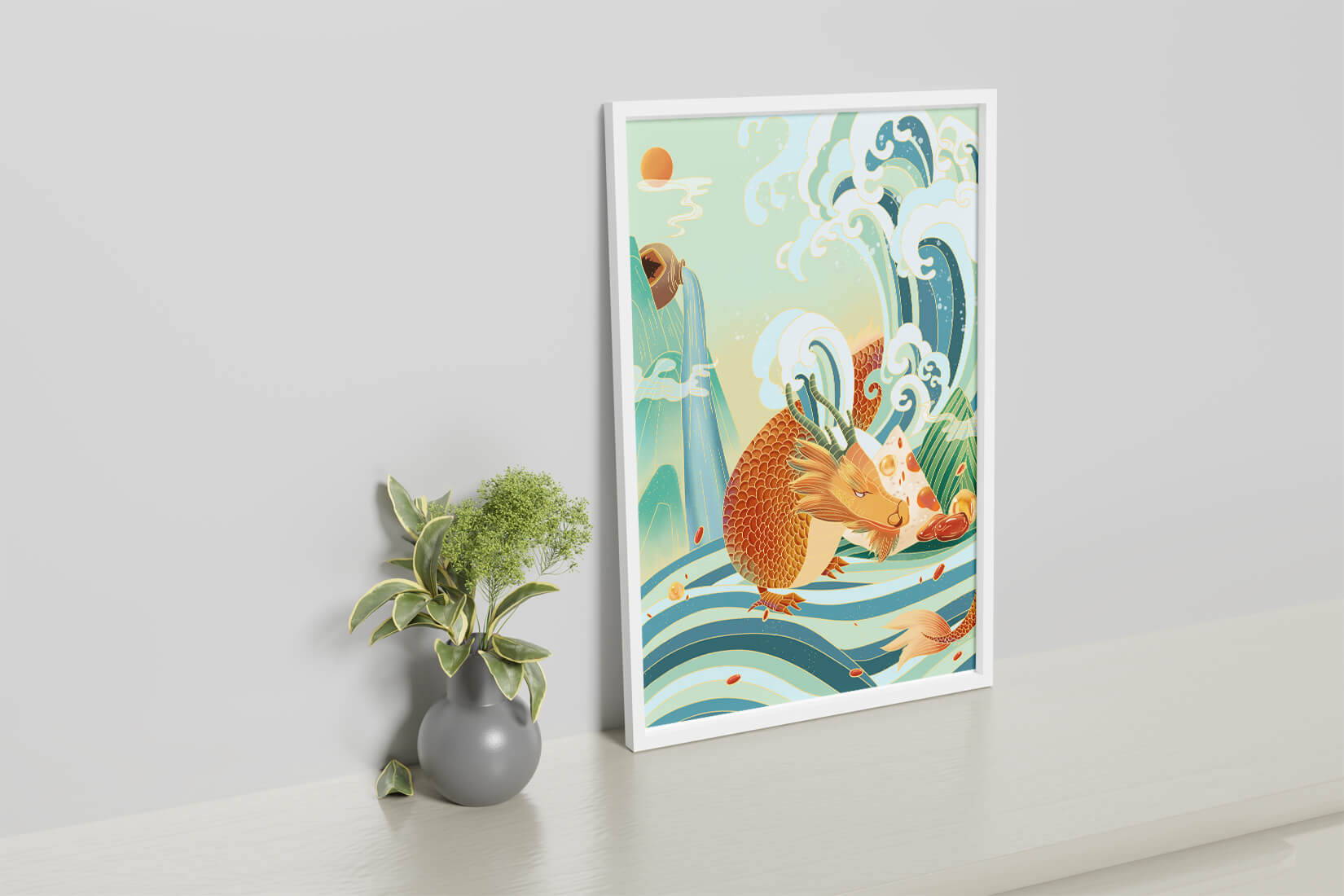 Mythical dragon amidst stylized waves and mountains in vibrant colors