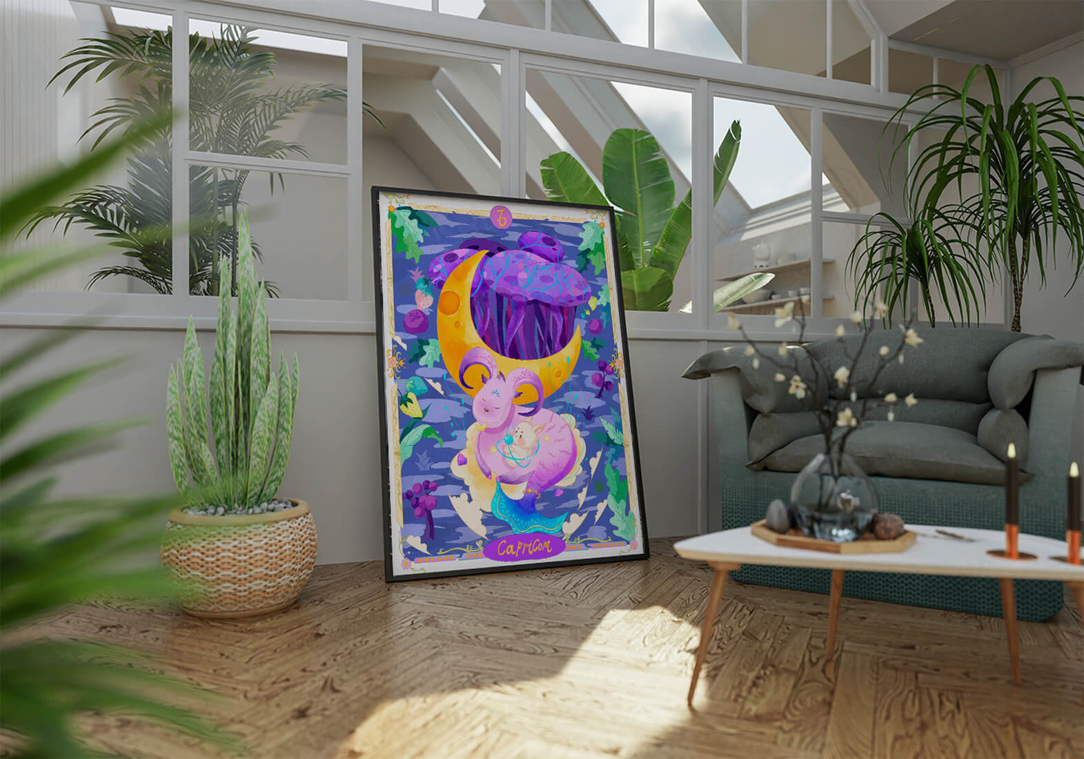 Colorful Capricorn zodiac illustration with fantasy elements