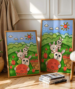 Illustration de lapins espiègles avec des carottes dans un champ ensoleillé