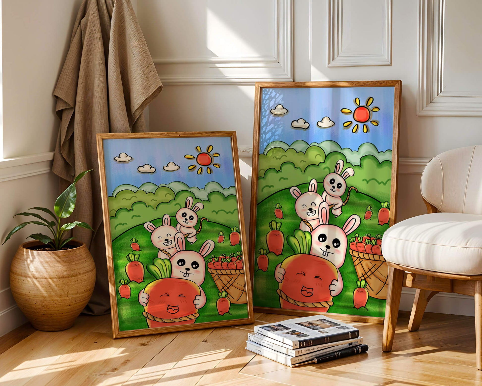 Illustration de lapins espiègles avec des carottes dans un champ ensoleillé