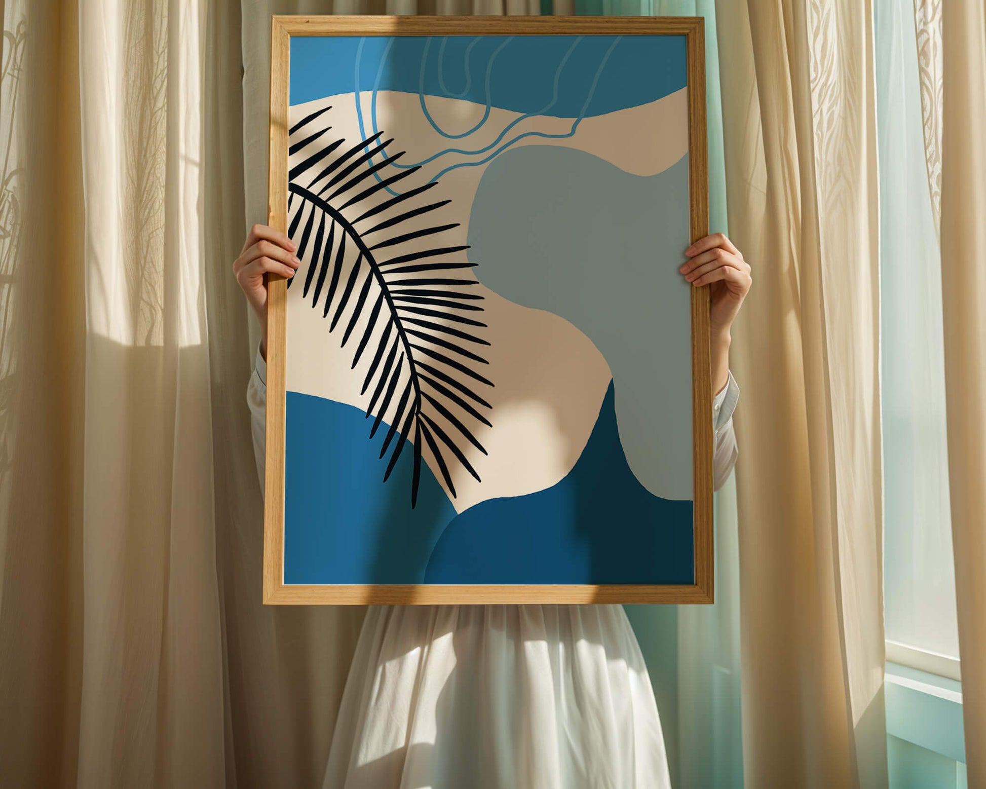 Hoja de palma abstracta sobre fondo azul con líneas fluidas