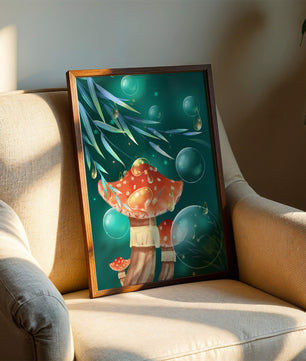 Whimsical forest scene with mushrooms and glowing bubbles