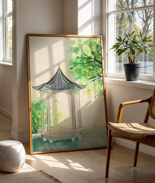 Serene garden pavilion amidst lush green trees and calm waters
