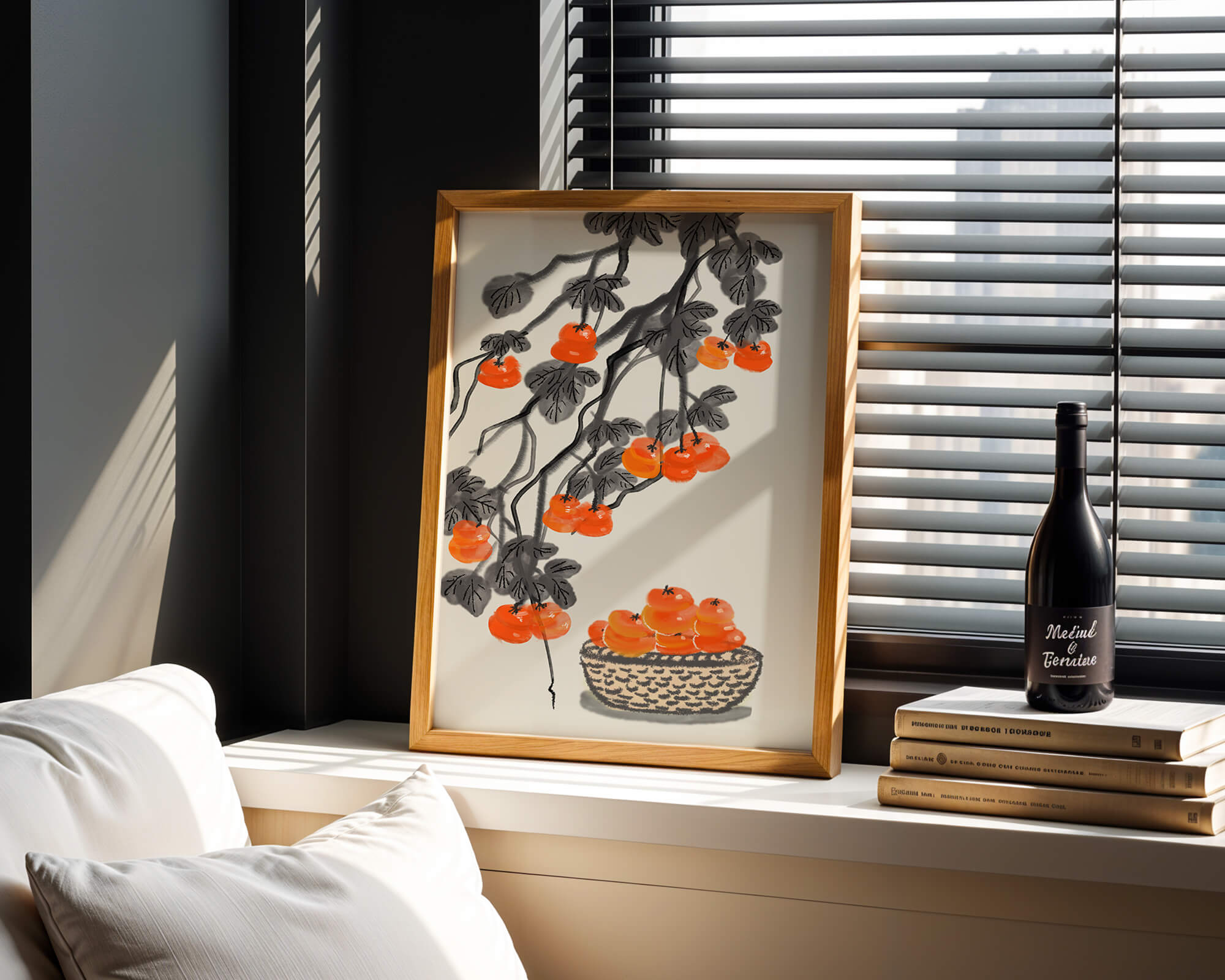 Artistic depiction of hanging persimmons with basket on watercolor canvas