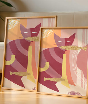 Abstract cat artwork with gold accents and colorful patterns