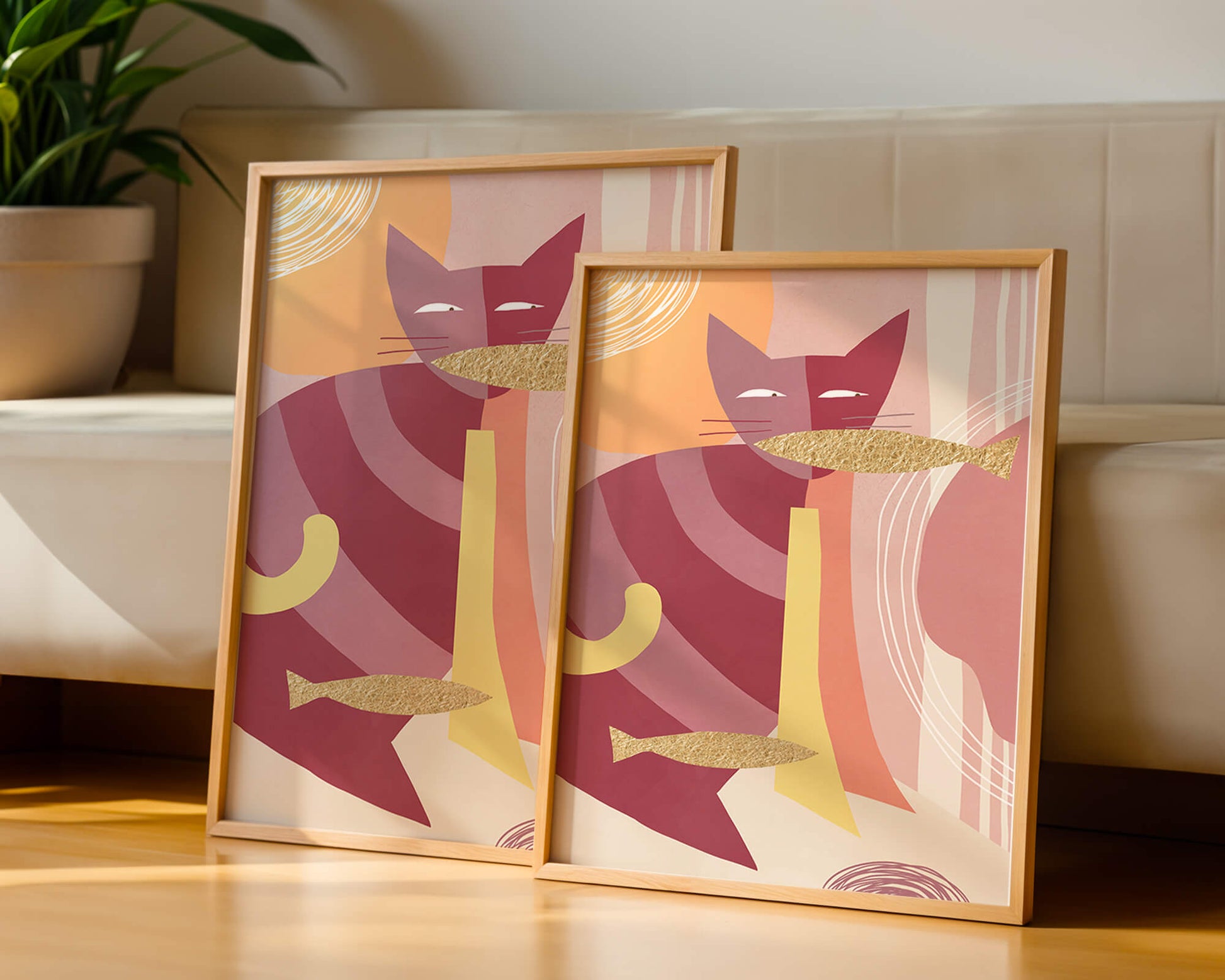 Abstract cat artwork with gold accents and colorful patterns