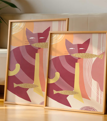 Abstract cat artwork with gold accents and colorful patterns