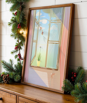 Tranquil open window with floral view and gentle sunlight