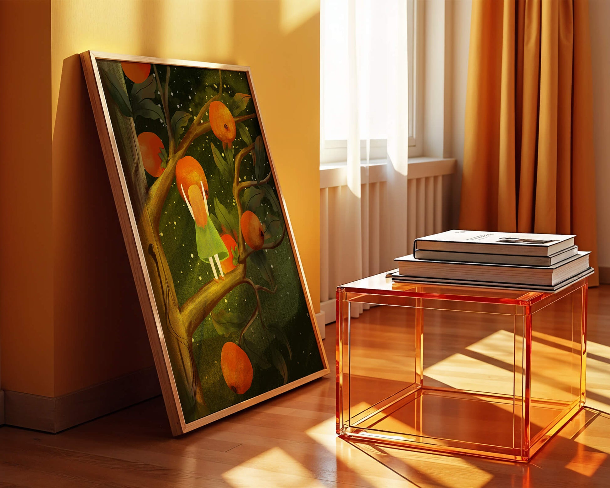 Little Girl Picking Oranges on a Starry Night