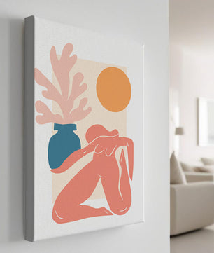 Figura desnuda abstracta con jarrón y sol en estilo minimalista