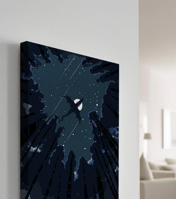 Dragon flying through starry night sky above dark forest
