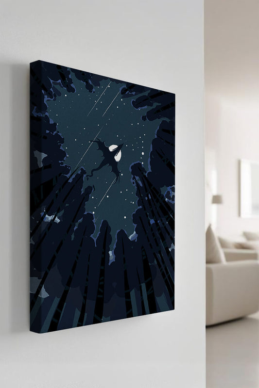 Dragon flying through starry night sky above dark forest