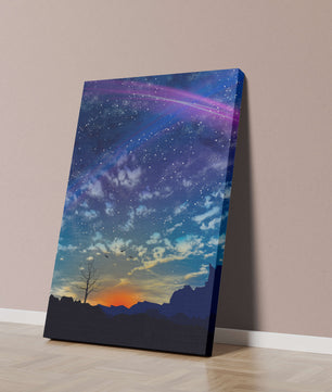 Starlit night sky with colorful sunset and silhouetted landscape