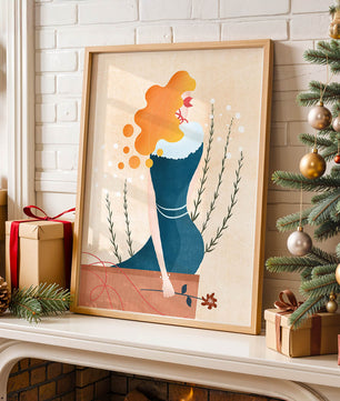 Woman with Floral Decor and Flowing Hair in Minimalist Art - Mi tienda