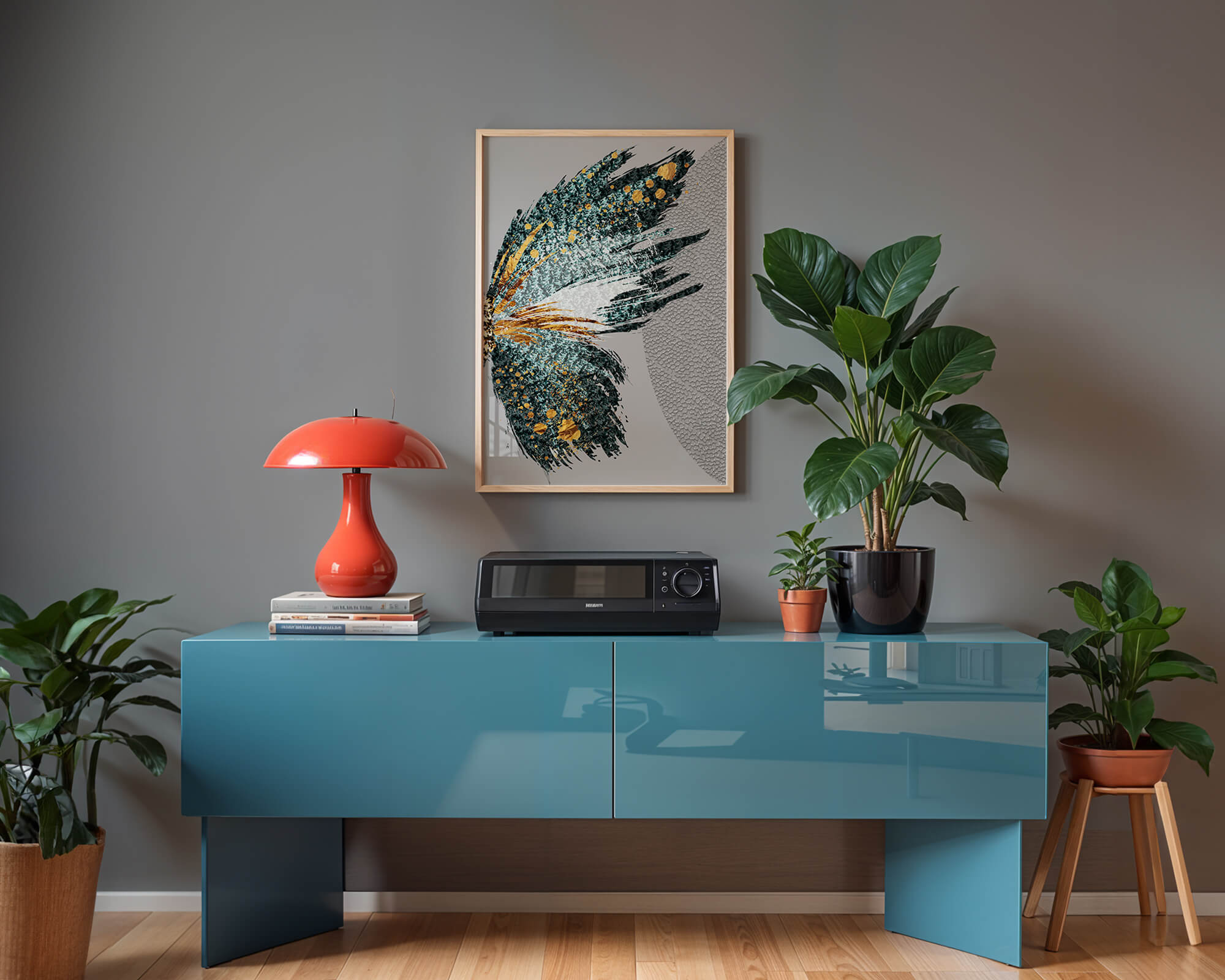 Aile de papillon artistique abstraite avec des accents turquoise et or