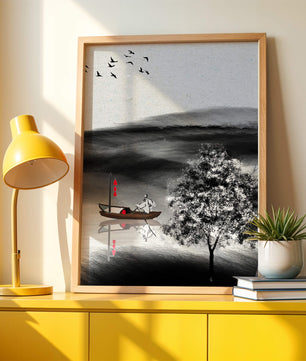Voyage paisible en bateau dans un paysage serein avec oiseaux et arbre