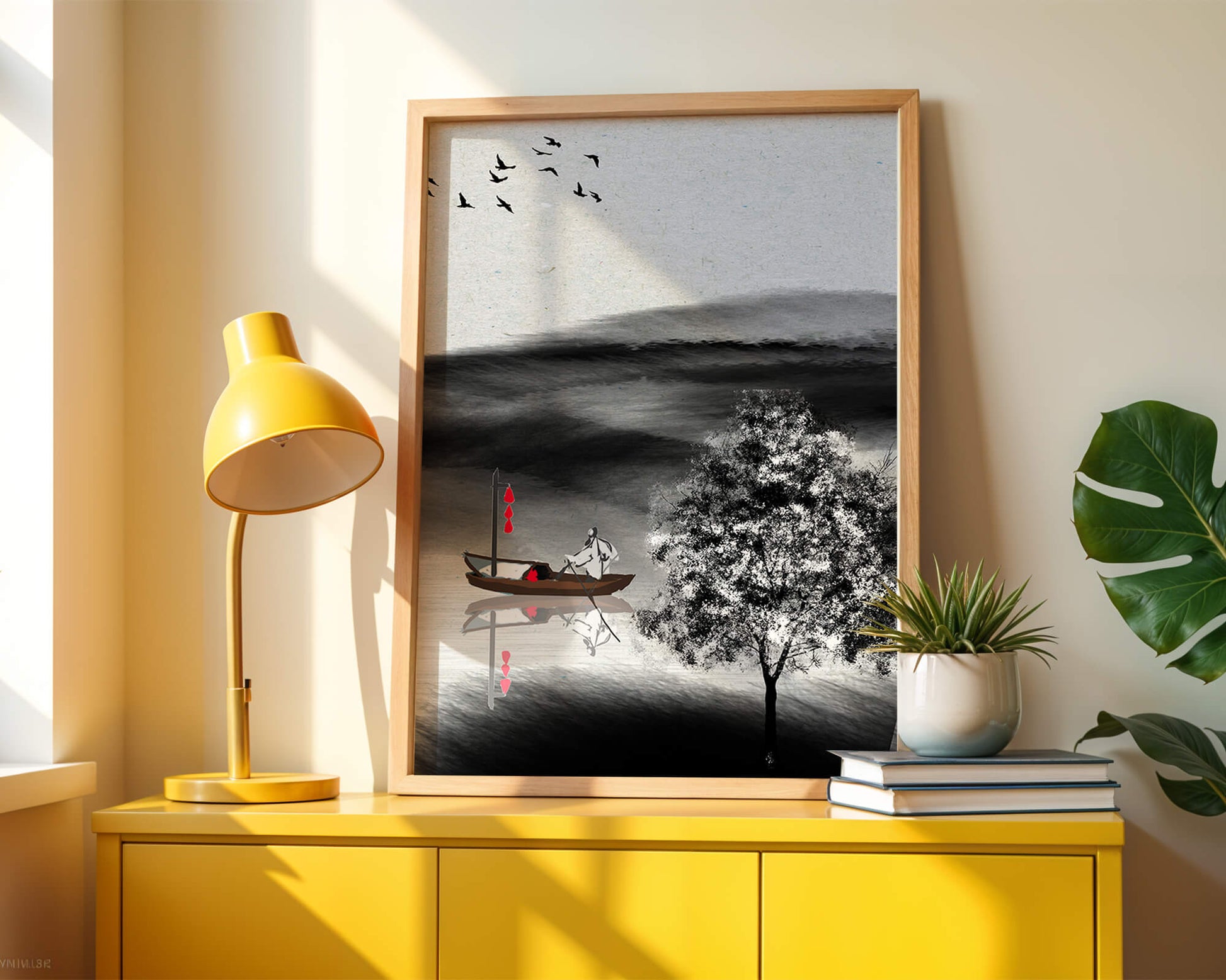 Tranquilo viaje en barco en un paisaje sereno con pájaros y árbol