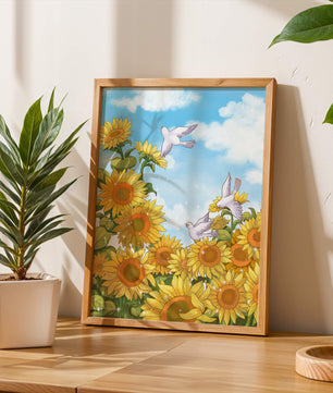 Friedliche Szene mit Sonnenblumen und Tauben unter einem strahlend blauen Himmel