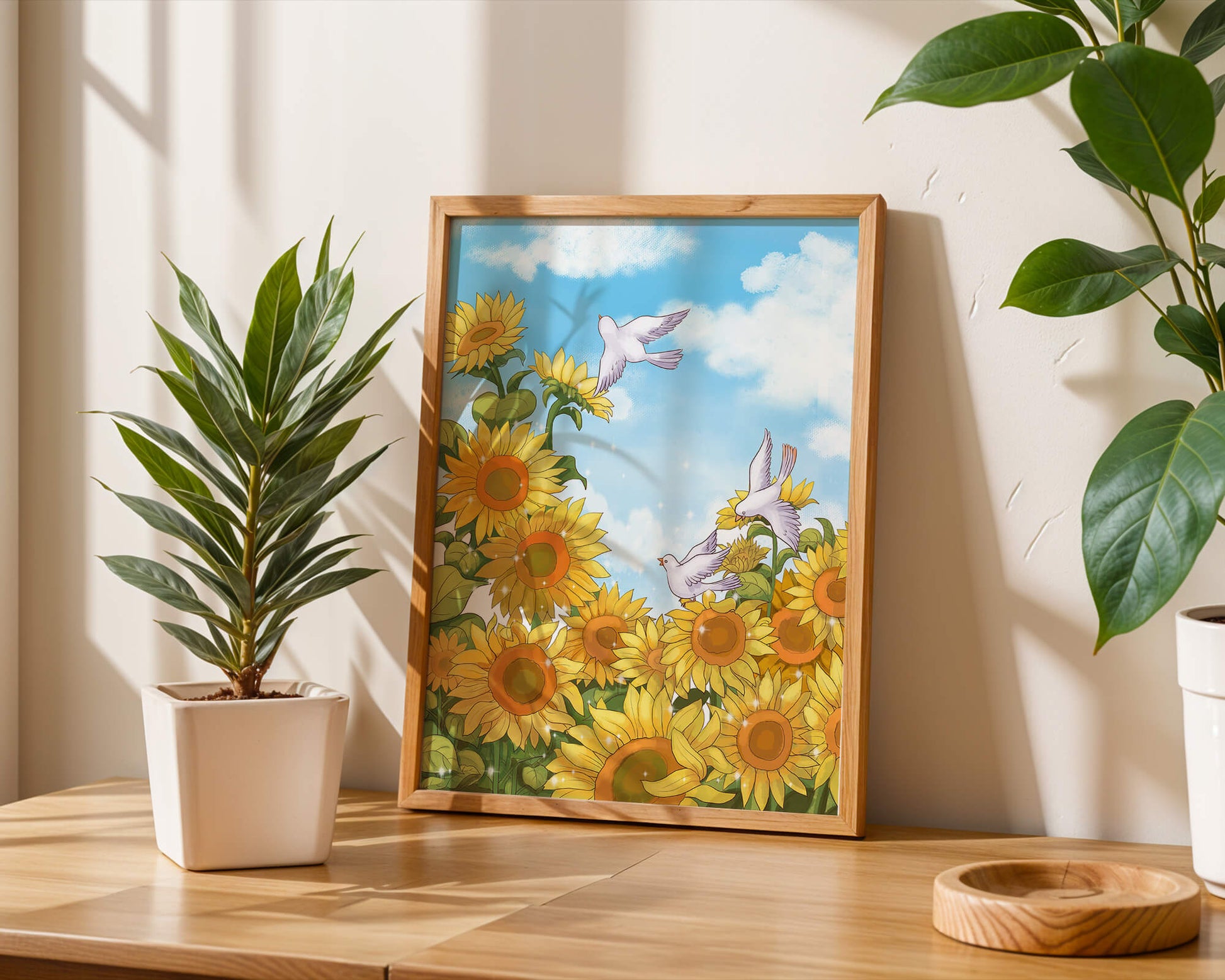 Friedliche Szene mit Sonnenblumen und Tauben unter einem strahlend blauen Himmel