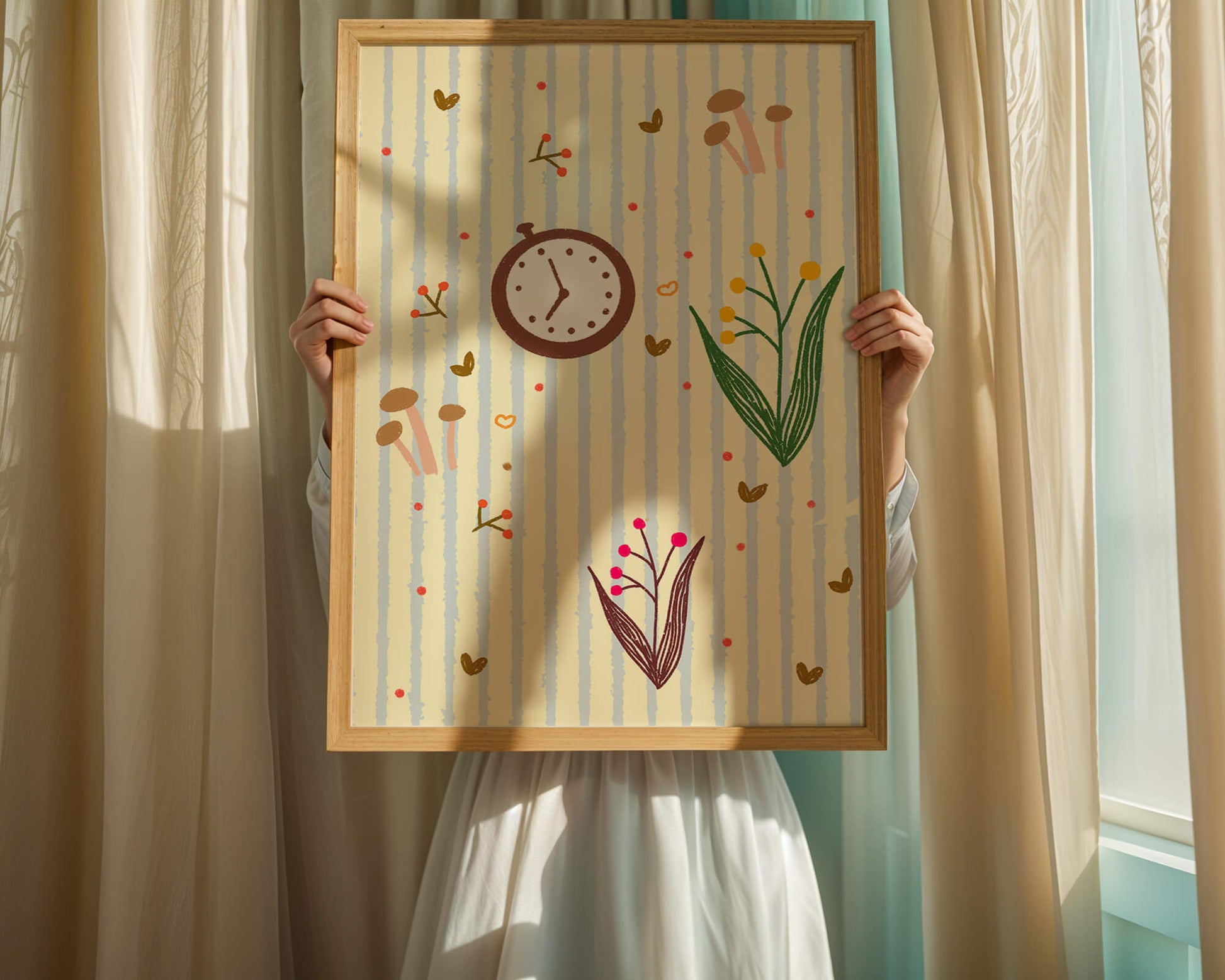 Whimsical pattern with clock, mushrooms, and florals on striped background