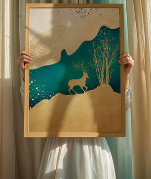 Elegante abstrakte Kunst mit goldenem Hirsch und Naturthema
