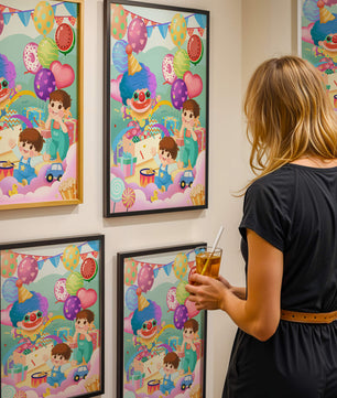 Colorful clown-themed children's party with balloons and toys