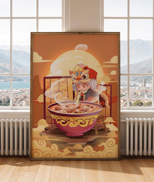 Ilustración de un niño con traje tradicional y un gran tazón de sopa