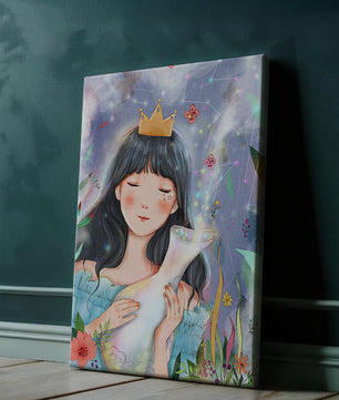 Retrato encantador de una chica con corona en un jardín mágico