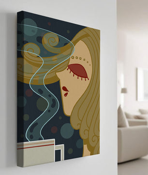 Stylized portrait of a woman with flowing hair and steaming coffee