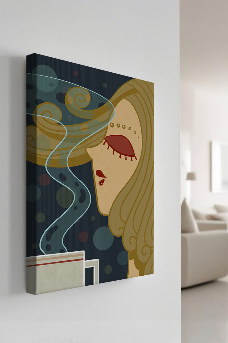 Stylized portrait of a woman with flowing hair and steaming coffee