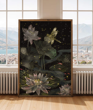 Lotus Flowers and Dragonfly in Nighttime Pond