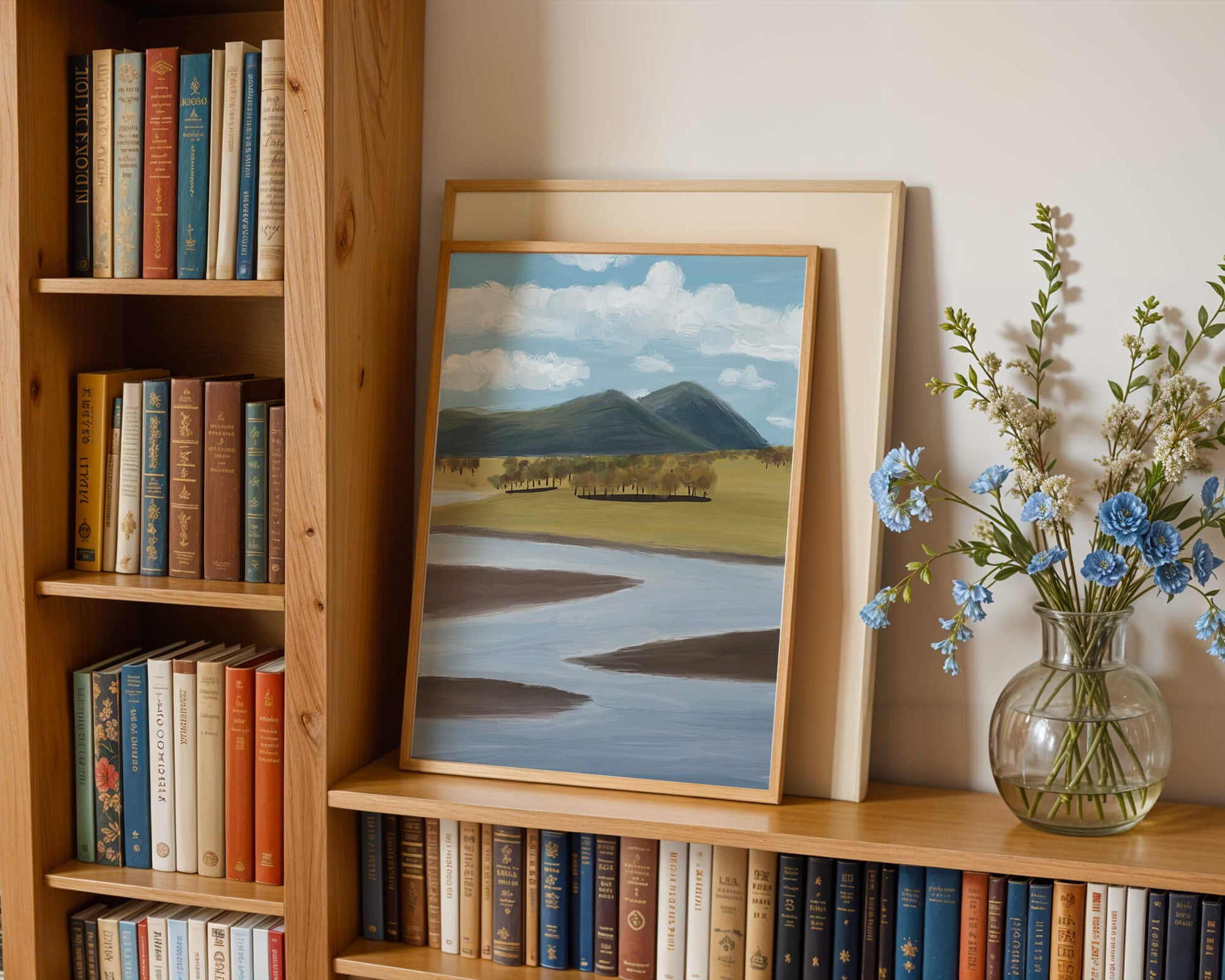Serene Landscape with Mountains, Trees, and River