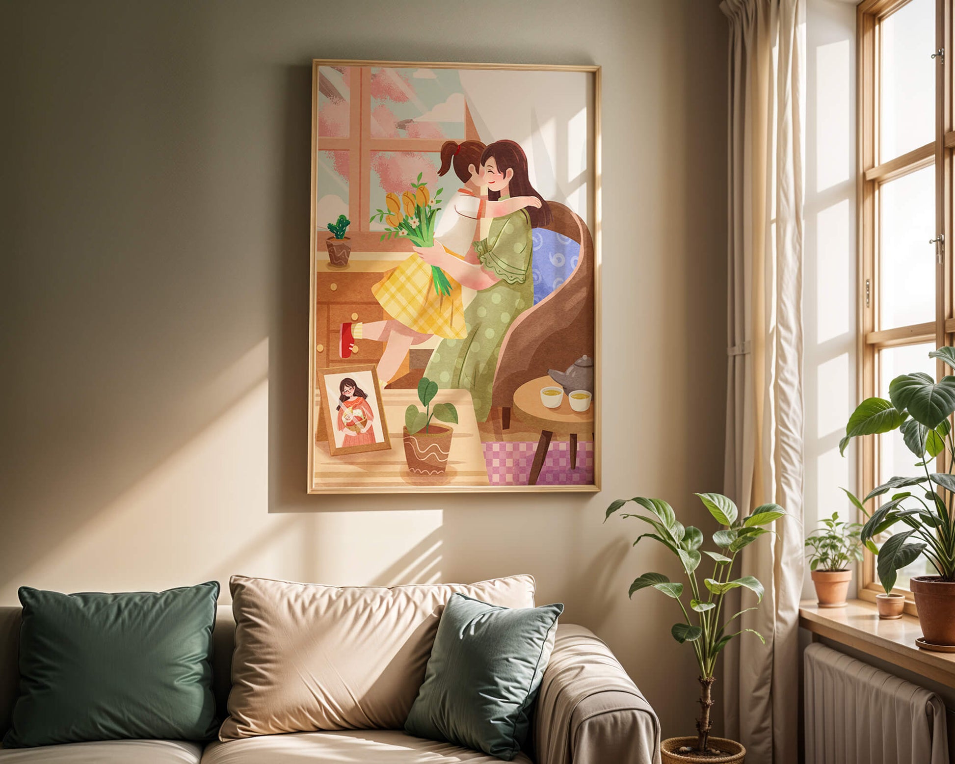 Cozy living room scene with mother and daughter hugging near window