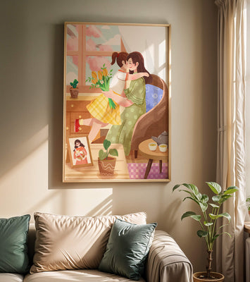 Cozy living room scene with mother and daughter hugging near window