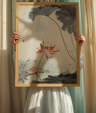 Aquarell Lotusblüte mit Seerosenblättern in ruhiger Szene