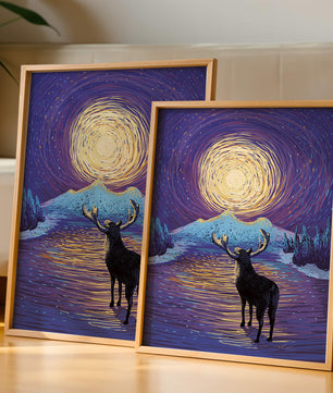 Moose Under Starry Night Sky with Radiant Moon