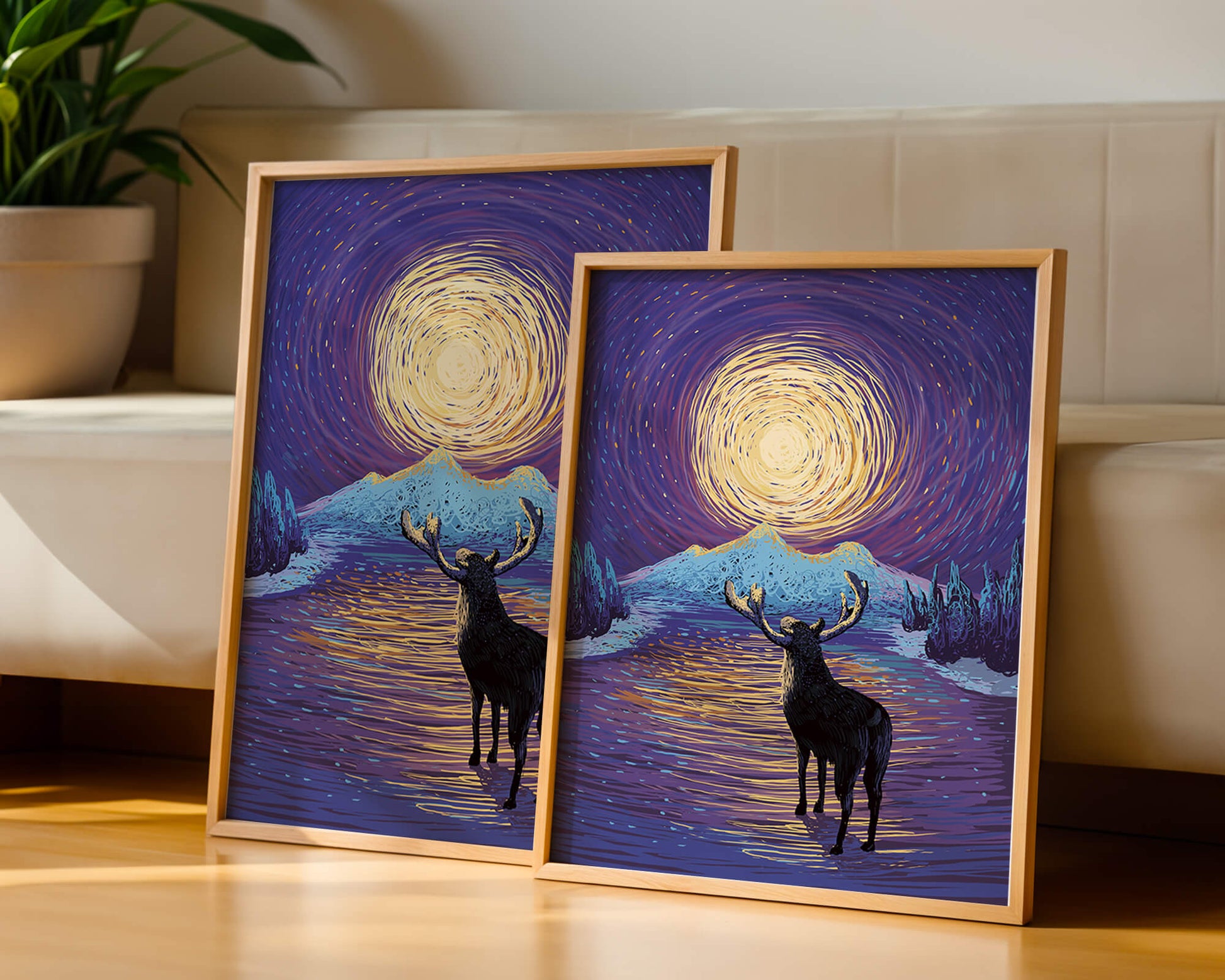 Moose Under Starry Night Sky with Radiant Moon