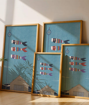Colorful Koi Nobori Fish Flags Against Blue Sky