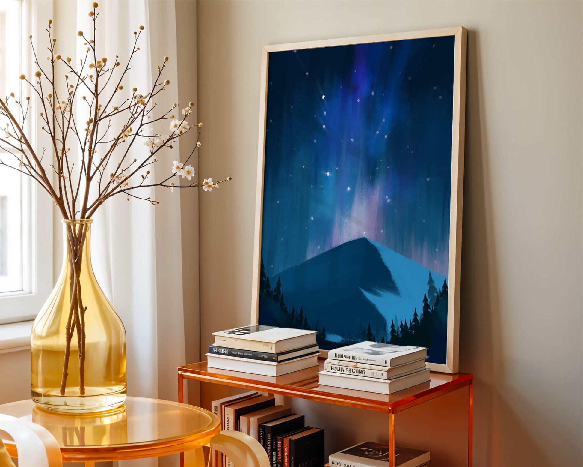 Paisaje montañoso sereno con auroras boreales y bosque oscuro