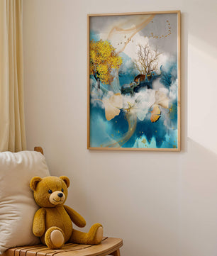 Surreal Nature Scene with Elephants and Golden Leaves
