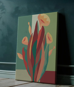 Abstract floral illustration with bold colors and geometric background