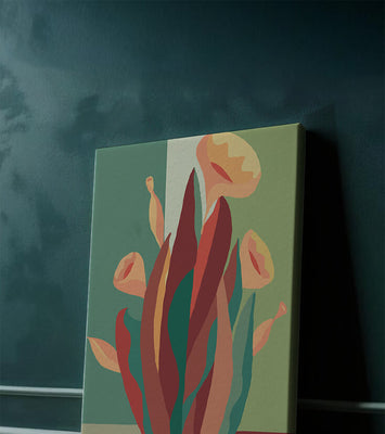Abstract floral illustration with bold colors and geometric background