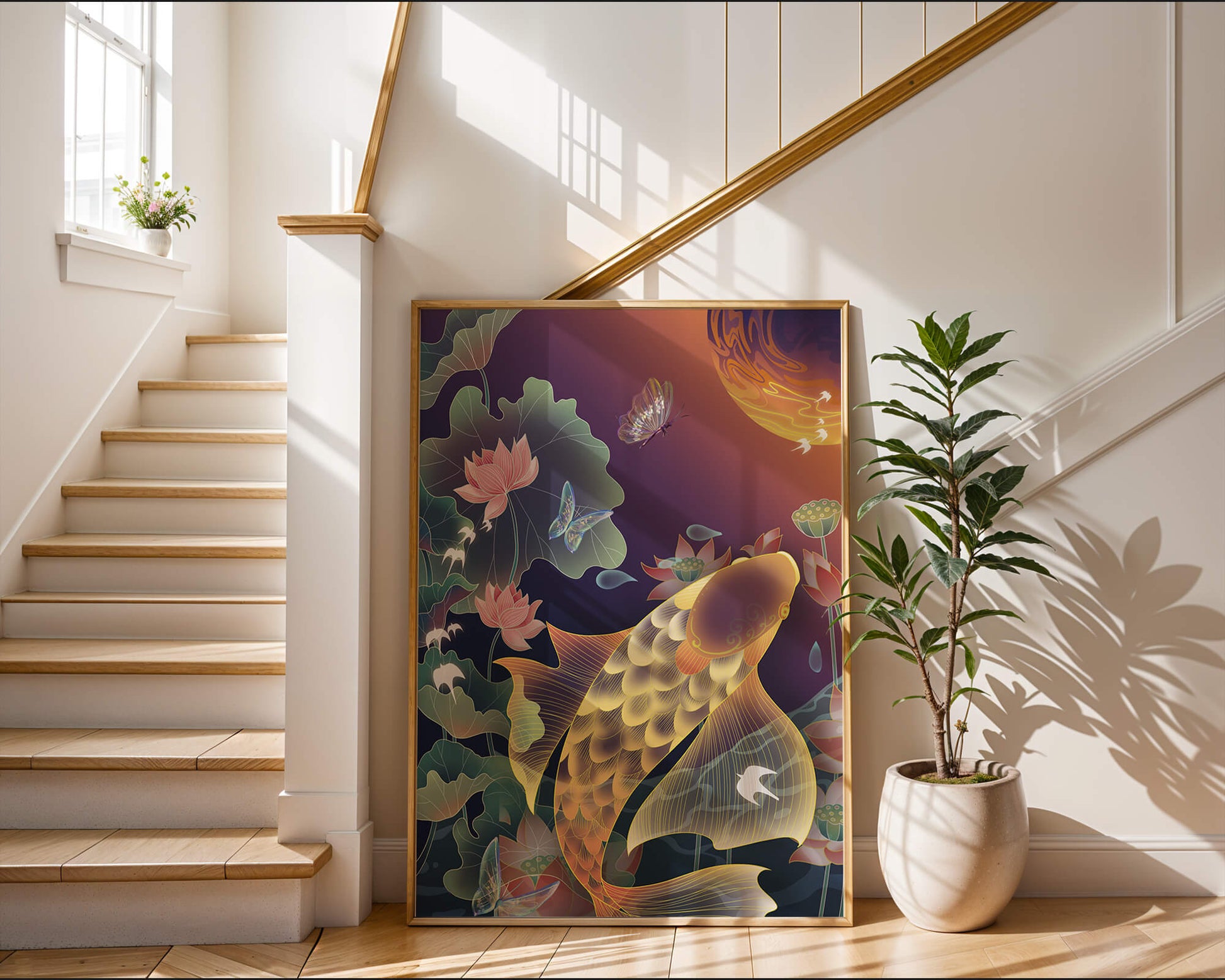 Bunte Koi-Fische mit Lotusblumen und Schmetterlingen bei Sonnenuntergang